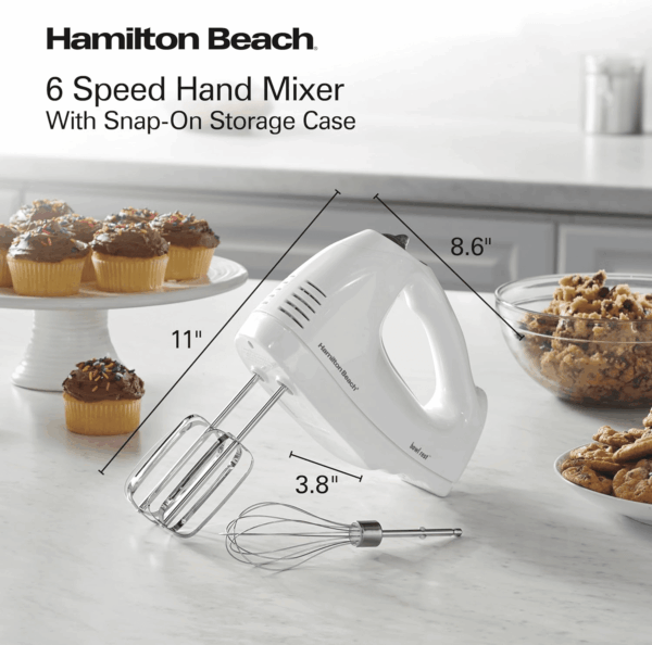 6-Speed Electric Hand Mixer with Whisk, Traditional Beaters, Snap-On Storage Case, 250 Watts, White - Image 9
