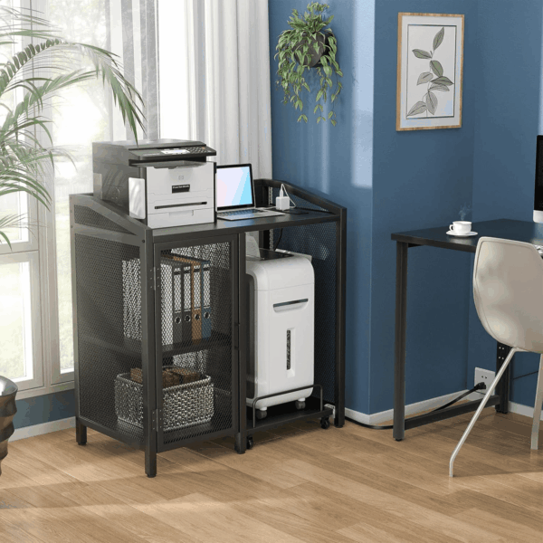 File Cabinet with Paper Shredder Stand on Wheel, Modern Vertical Filing Cabinet with Socket and USB Charging Port, Large Printer Stand with Adjustable Storage Shelf Rack for Home Office, Black - Image 6