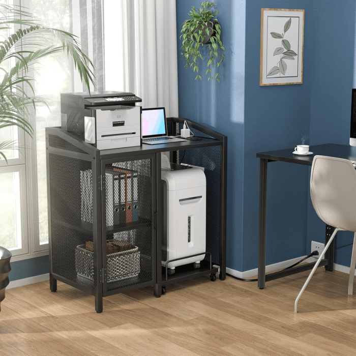 File Cabinet with Paper Shredder Stand on Wheel, Modern Vertical Filing Cabinet with Socket and USB Charging Port, Large Printer Stand with Adjustable Storage Shelf Rack for Home Office, Black - Image 6