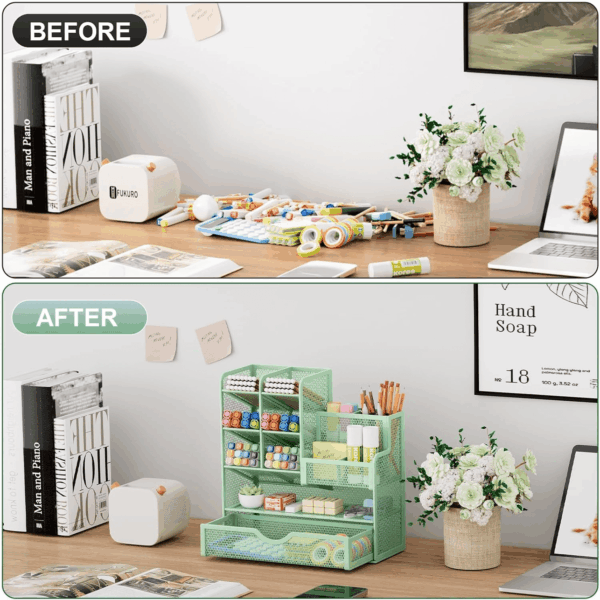 Mesh Pen Holder for Desk, Multi-Functional Pencil Organizer with Drawer, Desk Organizers and Accessories for Office Art Supplies (Green) - Image 3