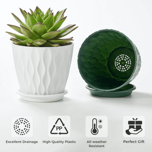6-Pack 6-Inch Plastic Plant Pots with Saucers | Thickened PP Material, Modern Wave Texture, Enhanced Drainage for Indoor/Outdoor Garden Plants | Tricolor Value Set - Image 2