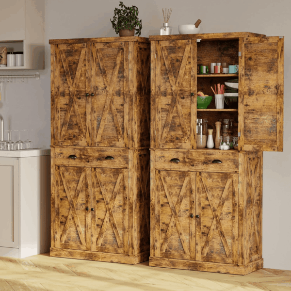 Kitchen Pantry Storage Cabinet 72.6" H, with Barn Doors, Drawer, 4 Adjustable Shelves, Freestanding Cupboard for Dining Room Living Room, Laundry, Vintage Brown - Image 8