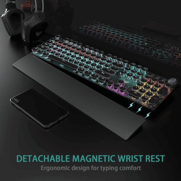 F2088 Typewriter Style Mechanical Gaming Keyboard Blue Switches,Rainbow LED Backlit,Removable Wrist Rest,Media Control Knob,Retro Punk round Keycaps,Usb Wired Computer Keyboard - Image 4
