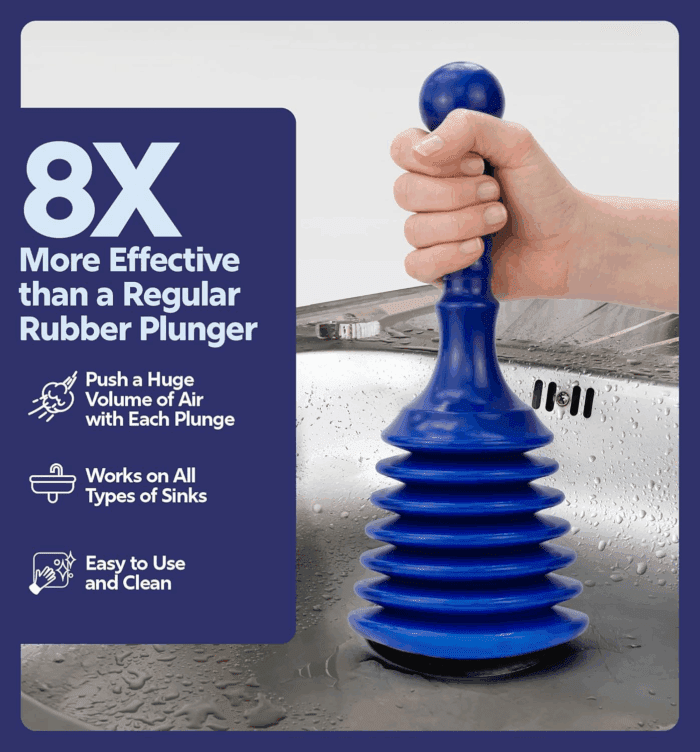 Sink and Drain Plunger for Bathrooms, Kitchens, Sinks, Baths and Showers. Small and Powerful, Commercial Style 'Plumbers Plunger' with Large Bellows - Image 2
