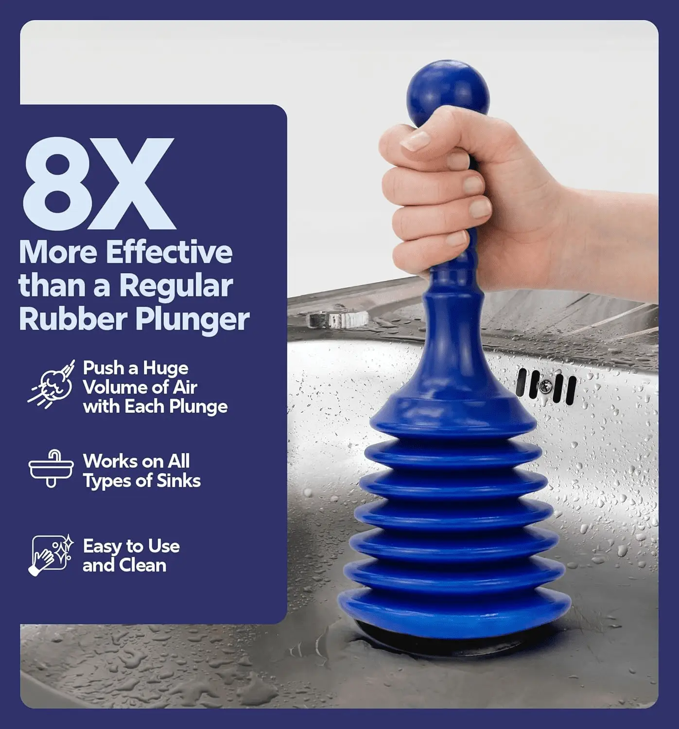 Sink and Drain Plunger for Bathrooms, Kitchens, Sinks, Baths and Showers. Small and Powerful, Commercial Style 'Plumbers Plunger' with Large Bellows - Image 2