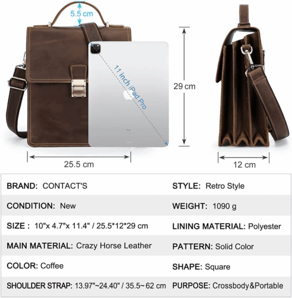 Full Grain Leather Small Messenger Bag for Men with Lock Briefcase Travel Crossbody Shoulder Bag - Image 3