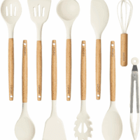 Silicone Cooking Utensils Set, Kitchen Utensils Set 10 Pcs for Cooking, BPA Free Spatula Set with Heat Resistant Wood Handles for Nonstick Cookware (Cream White)