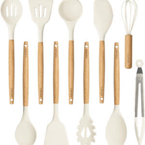 Silicone Cooking Utensils Set, Kitchen Utensils Set 10 Pcs for Cooking, BPA Free Spatula Set with Heat Resistant Wood Handles for Nonstick Cookware (Cream White)
