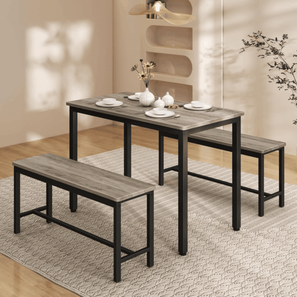 Dining Table Set for 4, Kitchen Room Table Set with 2 Benches, 3-Piece Dining Chairs Set for Breakfast Nook, Grey - Image 5