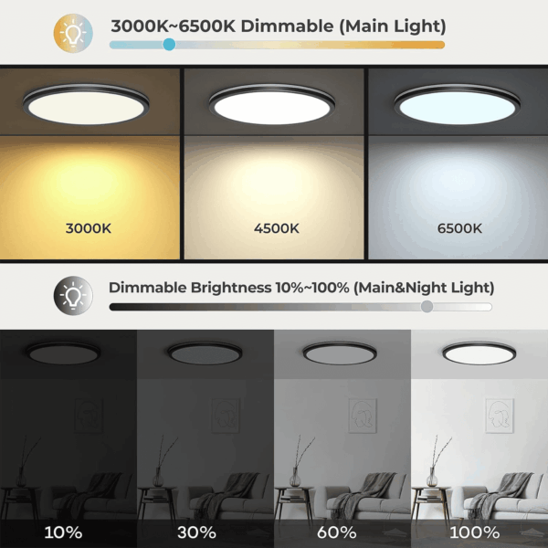 12In LED Flush Mount Ceiling Light Fixture with Remote Control, Nightlight 2000K Warm, 3000K-6500K Adjustable, Low Profile Ceiling Lights for Bedroom, Kitchen, Living Room, Black - Image 4