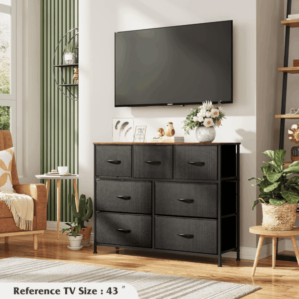7 Drawer Dresser TV Stand, Entertainment Center, Media Console Table with Metal Frame and Wood Top for TV up to 45 Inch, Chest of Drawers for Bedroom, Living Room, Black and Rustic Brown - Image 6