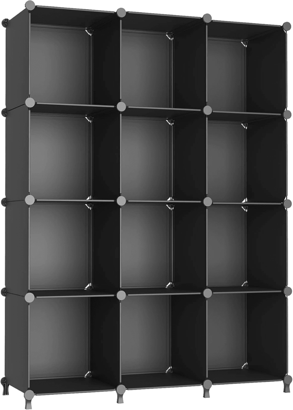 Cube Storage Organizer Closet Storage Shelves DIY Stackable Plastic Storage 12 Cube Bookshelf, Ideal Storage Organizer for Closet, Home, Bedroom, Black