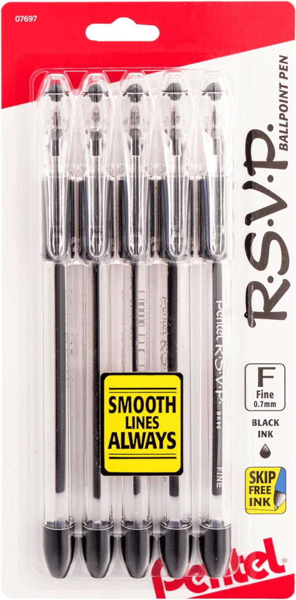 RSVP Ballpoint Pen, (0.7Mm), Fine Line, Black Ink, Pack of 5 (BK90PF5A)