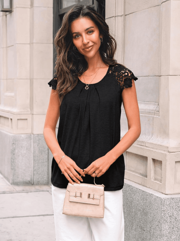 Womens Lace Tops Pleated Short Sleeve Shirts Summer Business Casual Dressy Blouses - Image 2