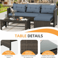 Outdoor Patio Furniture Sets, Wicker Patio Sectional Sets 3-Piece, All Weather Wicker Rattan Patio Seating Sofas with Glass Coffee Table and Cushion (Blue) - Image 3