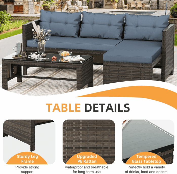 Outdoor Patio Furniture Sets, Wicker Patio Sectional Sets 3-Piece, All Weather Wicker Rattan Patio Seating Sofas with Glass Coffee Table and Cushion (Blue) - Image 3