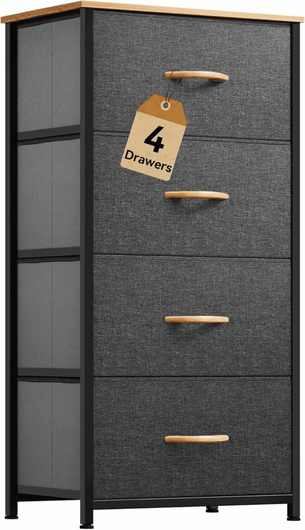 4 Drawers Dresser, Small Dresser for Bedroom, Fabric Storage Tower, Chest of Drawers, Organizer Unit for Closets, Living Room, Sturdy Steel Frame, Wooden Top, Easy Pull Handle