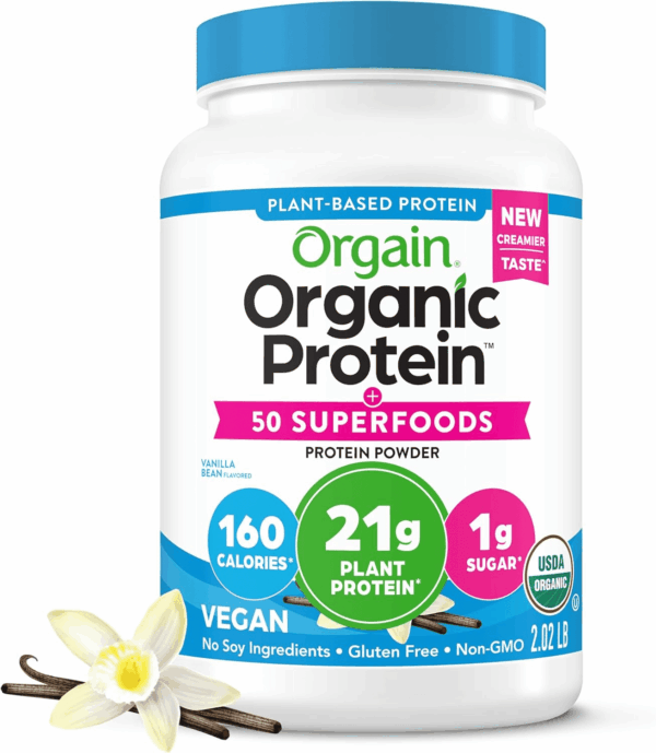 Organic Vegan Protein + 50 Superfoods Powder, Vanilla Bean - 21G Plant Based Protein, 8G Prebiotic Fiber, No Lactose Ingredients, Gluten Free, No Added Sugar, Non-Gmo, 2.02 Lb