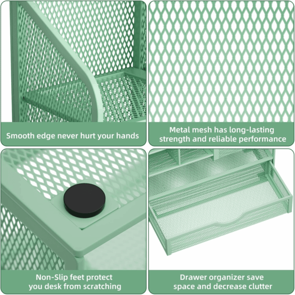 Mesh Pen Holder for Desk, Multi-Functional Pencil Organizer with Drawer, Desk Organizers and Accessories for Office Art Supplies (Green) - Image 6