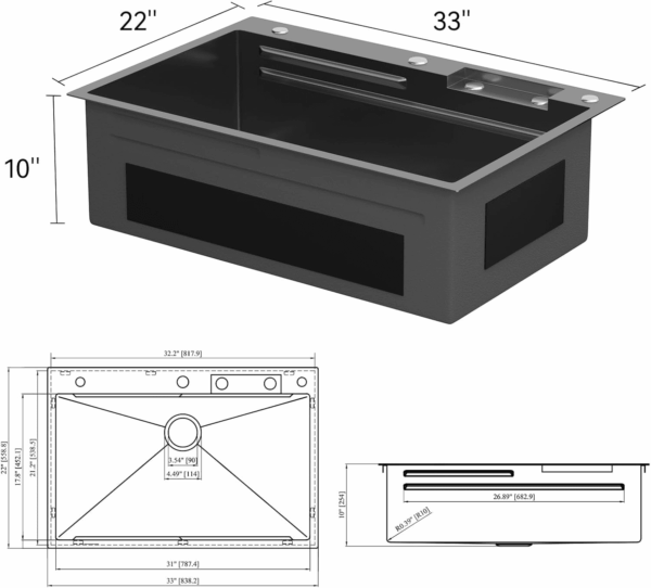 33 Drop Kitchen Sink with Faucet Combo 33"X22" Waterfall Kitchen Sink Workstation Gunmetal Black 16 Gauge Single Bowl Topmount Handmade Sinks with Pull Out Faucet, Glass Rinser Included - Image 5