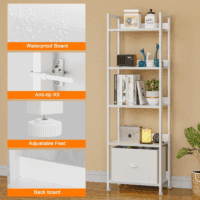 5 Tier Bookshelf with Drawer, Tall Narrow Bookcase with Shelves, Wood and Metal Book Shelf Storage Organizer, Modern Display Standing Shelf Unit for Bedroom, Living Room, Office, White - Image 4