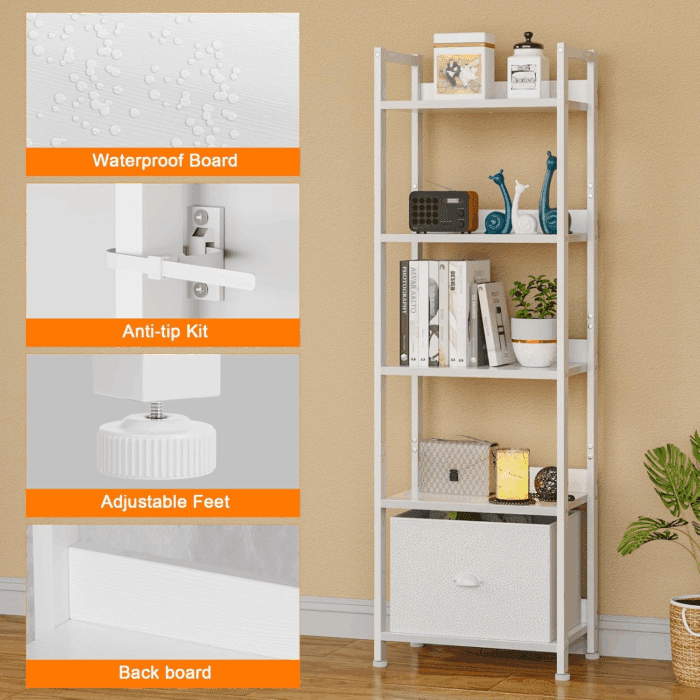 5 Tier Bookshelf with Drawer, Tall Narrow Bookcase with Shelves, Wood and Metal Book Shelf Storage Organizer, Modern Display Standing Shelf Unit for Bedroom, Living Room, Office, White - Image 4