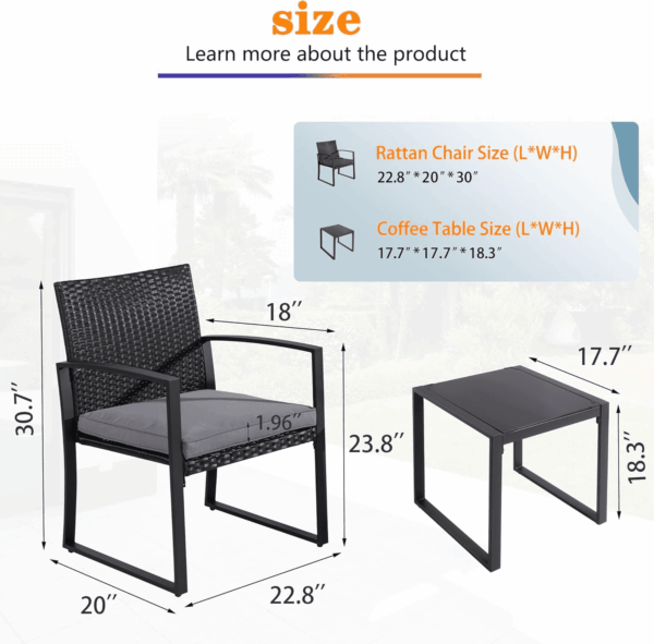 3 Pieces Outdoor Patio Furniture Set, Modern Wicker Bistro Set, Conversation Rattan Chair of 2 with Coffee Table for Yard Porch Poolside Lawn(Grey Cushion) - Image 6