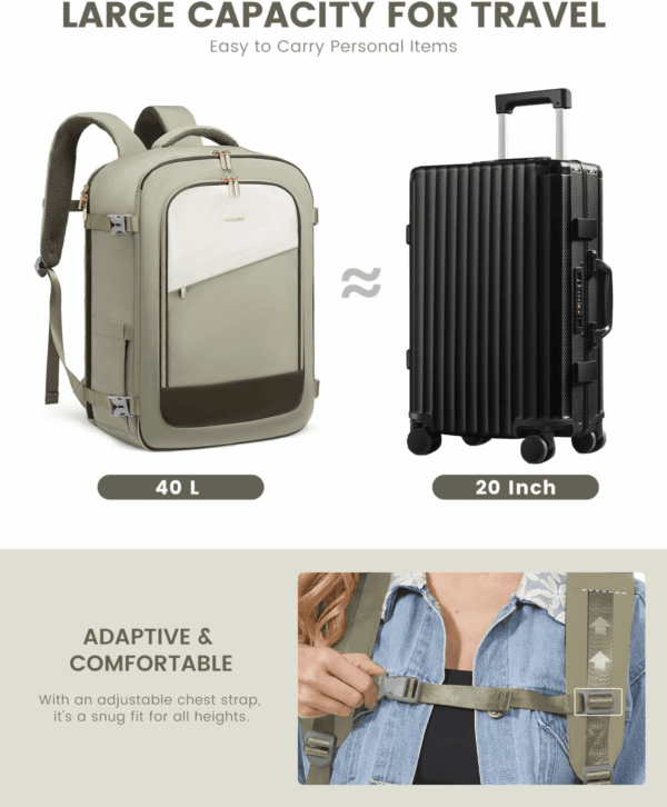 Travel Backpack for Women, 40L Carry on Backpack Flight Approved, Large Personal Item Bag Fits 17 Inch Laptop, TSA Approved Luggage with 3 Packing Cubes,Waterproof Weekender Gym Bag - Image 3