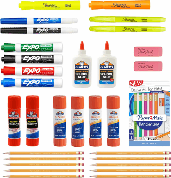 School Supplies Variety Pack, My First All in One Pack, , Expo, Paper Mate, Elmer’S, Glue Sticks, Pourable Glues, Pencils, Dry Erase Markers, Highlighters, and More, 31 Count