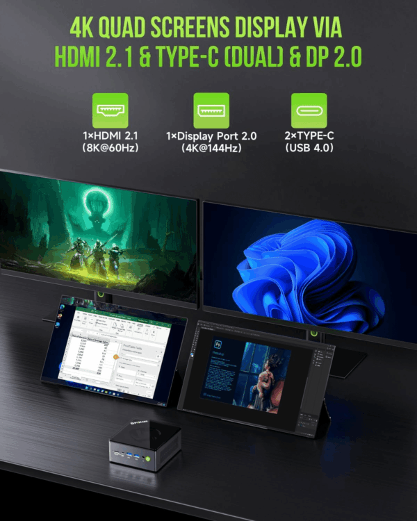 Mini PC Gaming, M7 AMD Ryzen 7 PRO 6850H (8C/16T 4.70Ghz) Dual NIC LAN 2.5G Desktop Computer, 32GB DDR5 RAM + 512GB Hard Drive Pcle SSD, Dual USB4, HDMI 2.1, USB-C - Image 8