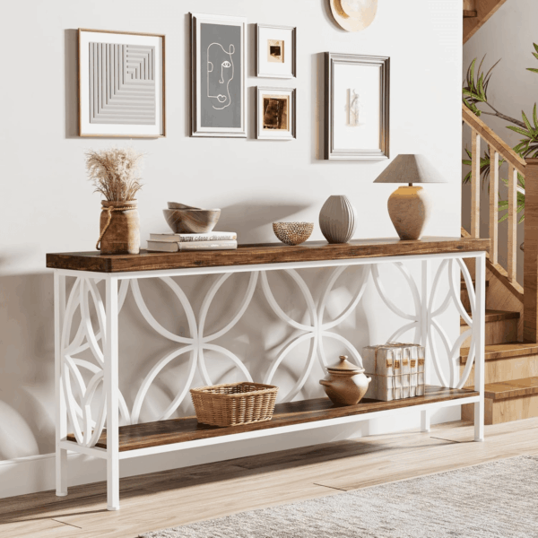70.9-Inch Narrow Sofa Table, Industrial Long Sofa Table behind Couch, Entry Console Table with Storage for Entryway, Living Room, Foyer, Unique Design, Walnut/White - Image 5