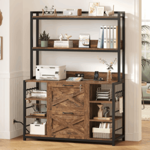 File Cabinet, Filing Cabinet Fits Legal/Letter/A4 Size, 2 Drawer Filing Cabinets for Home Office with Lock, Power Strip and Open Storage Shelves, Rustic Brown