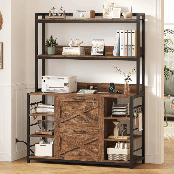 File Cabinet, Filing Cabinet Fits Legal/Letter/A4 Size, 2 Drawer Filing Cabinets for Home Office with Lock, Power Strip and Open Storage Shelves, Rustic Brown