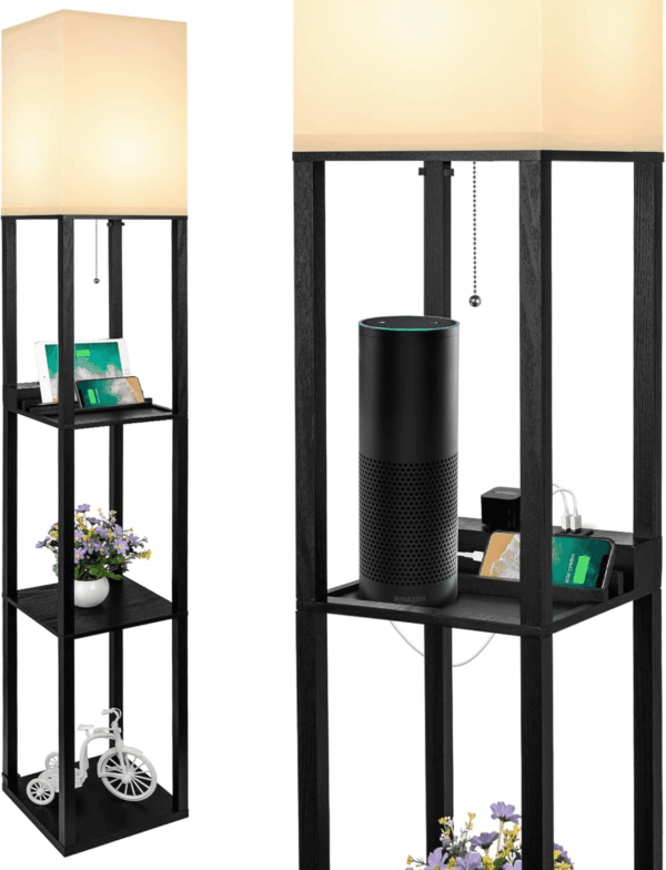 3-In-1 Shelf Floor Lamp with 1 Usb&Type C&1 AC Outlet, 3-Tiered LED Bedroom Lamp, Shelf & Storage Combination Modern Standing Light
