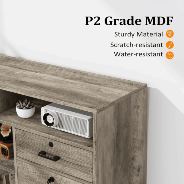 Wide 4 Drawer File Cabinet with Lock, Rustic Grey Rolling File Cabinet with Open Shelves, Lockable Printer Stand, Letter Sized - Image 9