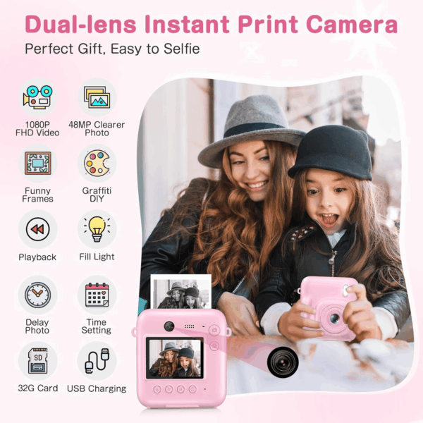 Kids Camera Instant Print, Dual-Lens 48MP Digital Camera for Christmas Birthday Gifts, 1080P Selfie Instant Cameras for Kids with 32GB Card, Instant Print Digital Camera for Girls Boys-Pink - Image 2