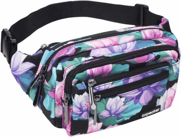 Waist Pack Bag with Rain Cover, Waterproof Fanny Pack for Men&Women, Workout Traveling Casual Running Hiking Cycling, Hip Bum Bag with Adjustable Strap for Outdoors (Black Base Floral)