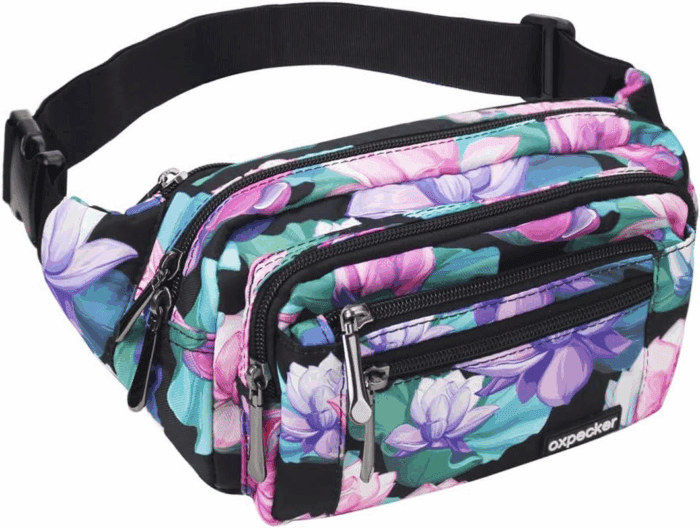 Waist Pack Bag with Rain Cover, Waterproof Fanny Pack for Men&Women, Workout Traveling Casual Running Hiking Cycling, Hip Bum Bag with Adjustable Strap for Outdoors (Black Base Floral)