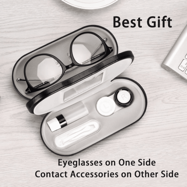 2 in 1 Double Sided Portable Contact Lens Case and Glasses Case,Dual Use Design with Built-In Mirror,Tweezer and Contact Lens Solution Bottle Included for Travel Kit,Black - Image 4