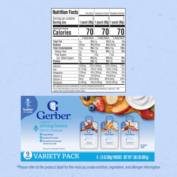 Baby Food Pouches, Very Berry (3), Peaches & Cream (2), Strawberry Banana (2), Value Pack, Fruit and Yogurt, Toddler, (3.5 Oz Each), (Pack of 9) - Image 8