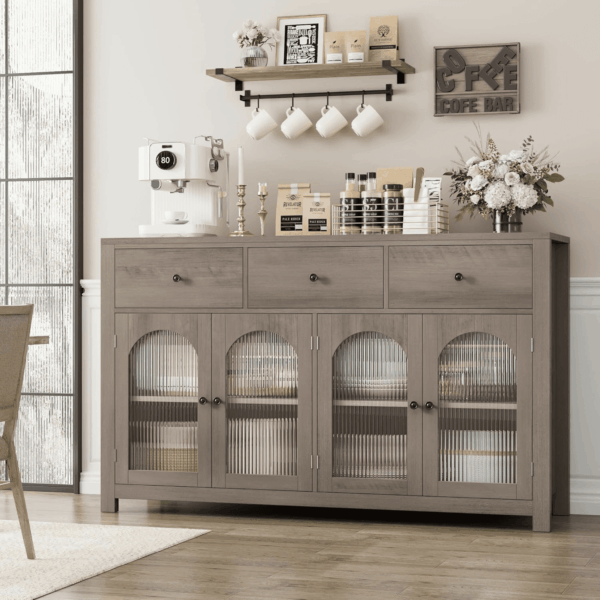 55.1" Large Sideboard Buffet Cabinet with Storage, Farmhouse Kitchen Display with 3 Drawers and 4 Doors, Wood Coffee Bar for Kitchen, Ash Grey - Image 3