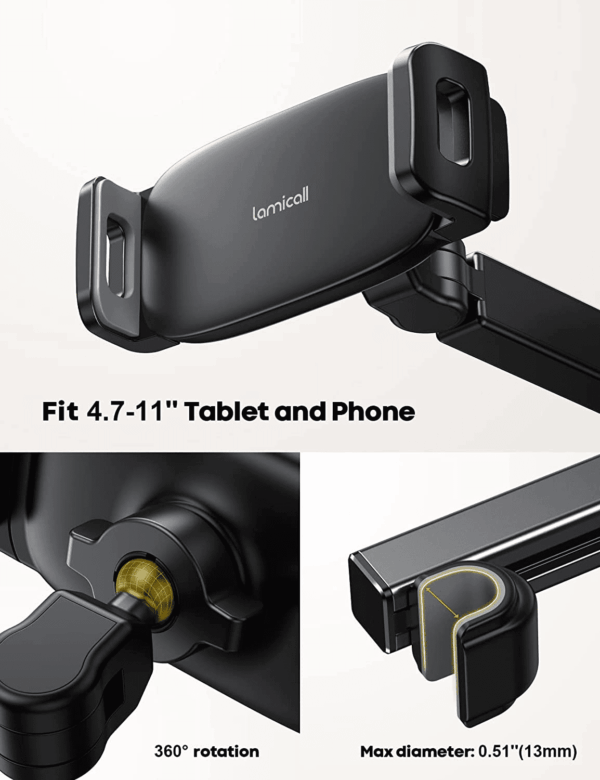 Car Headrest Tablet Holder - [3 in 1 Extension Arm] Adjustable Tablet Car Mount for Back Seat, Road Trip Essentials for Kids, for 4.7-11" Device like Ipad Pro, Air, Mini, Galaxy, Fire, Black - Image 6