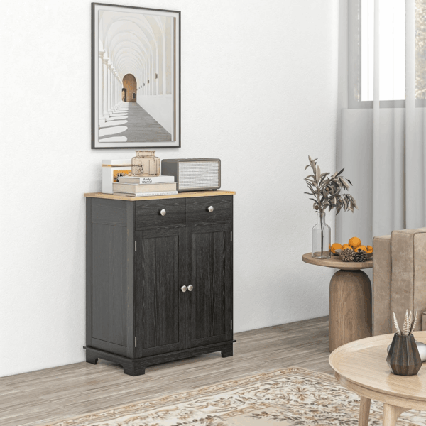 Sideboard with Solid Wood Countertop, Modern Kitchen Storage Cabinet, Coffee Bar Cabinet with 2 Drawers, Doors and Adjustable Shelf, Distressed Black - Image 2