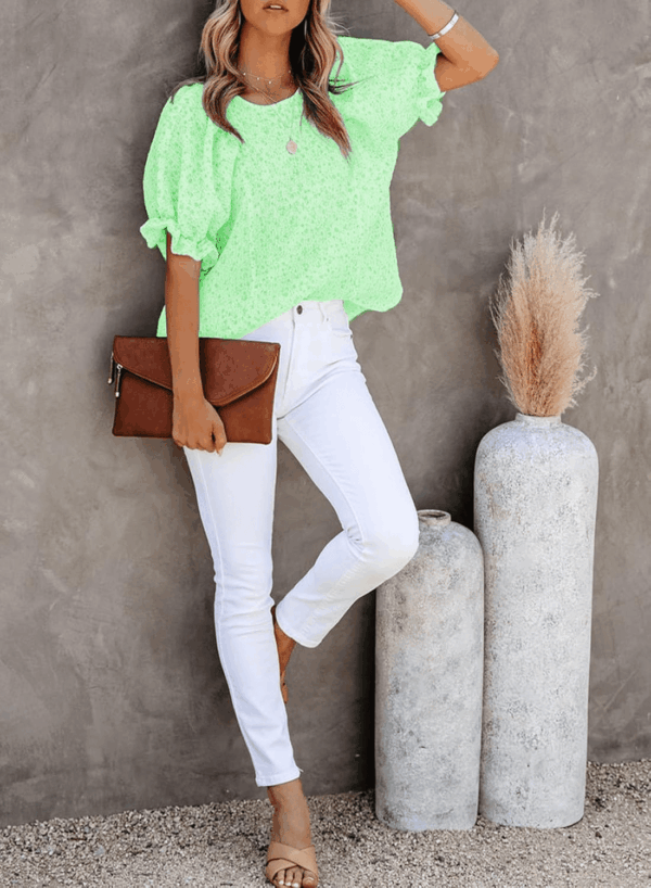 Floral Print Blouses for Women Crewneck Smocked Puff Sleeve Shirts Casual Babydoll Tops - Image 5