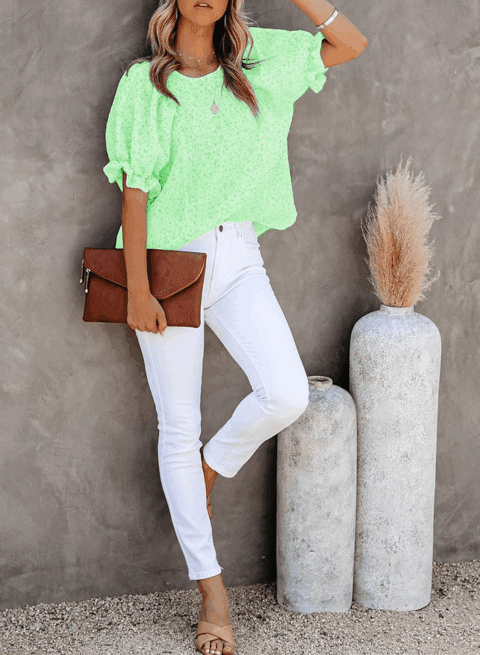 Floral Print Blouses for Women Crewneck Smocked Puff Sleeve Shirts Casual Babydoll Tops - Image 5
