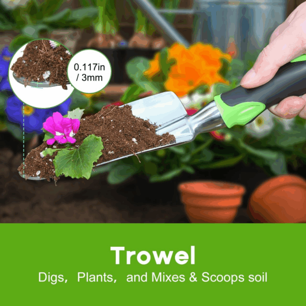 Garden Tool Set, 3 Pack Aluminum Heavy Duty Gardening Kit Includes Hand Trowel, Transplant Trowel and Cultivator Hand Rake with Soft Rubberized Non-Slip Ergonomic Handle, Garden Gifts - Image 3
