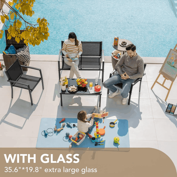 4 Pieces Patio Furniture Set Outdoor Garden Patio Conversation Sets Poolside Lawn Chairs with Glass Coffee Table Porch Furniture (Black) - Image 6