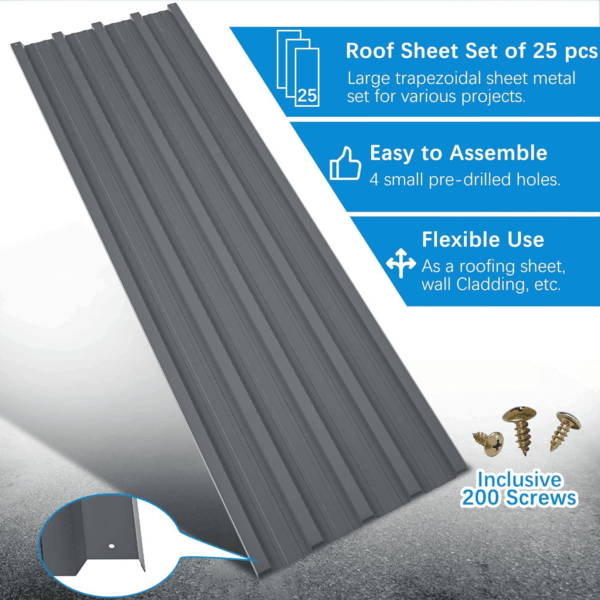 Metal Roof Panels 25 Pcs 176.5 Ft² Galvanized Steel Corrugated Tin Roofing Panels Gazebo Top Cover Garages,Sheds, Stables and Mobile Homes Replacement for Patio Outdoor Garden, Gray - Image 5