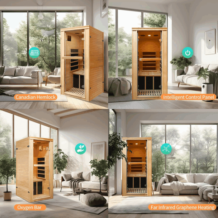 Sauna Home Sauna with Bluetooth & Reading Lighting,1 Person Infrared Sauna Spa Room with Foot Temperature Control,980W - Image 7