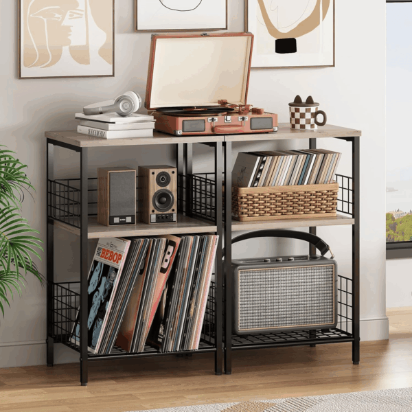 Side Table, Small End Table Record Player Stand with Storage, Vinyl Record Storage Night Stand for Living Room, Bedroom,Office(Patent Pending)(Greige & Black) - Image 8